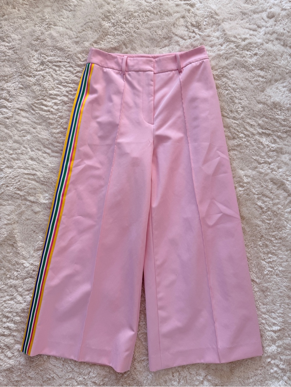 Milly Culotte High Waisted Wide Leg Pink Pants with Rainbow Side Stripe